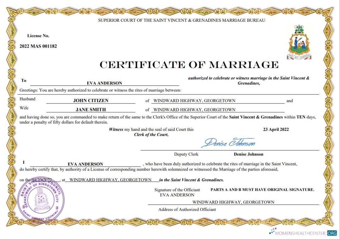 Download Saint Vincent and Grenadies marriage certificate Word and PDF template Photoshop template